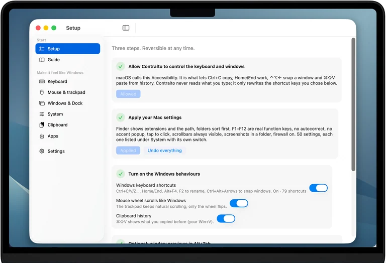 The app's Setup screen on a MacBook Air:
Accessibility, recommended settings, Windows behaviours and optional
window previews.